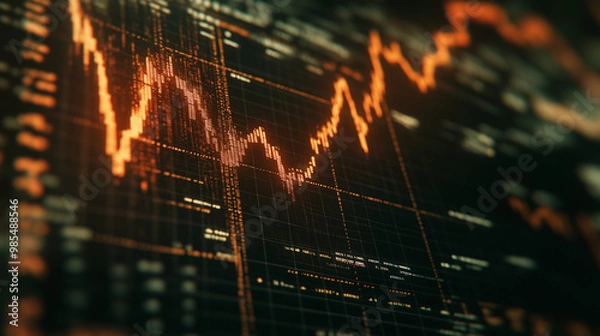 Obraz Close-up of downward-trending line graph on digital screen, symbolizing drop in earnings, financial decline visualized with charts and numbers.	