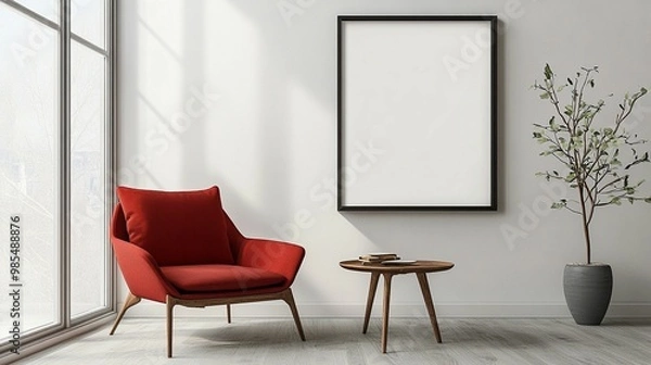 Fototapeta Scandinavian Interior Design of a Modern Living Room Featuring a Stylish Poster Mockup