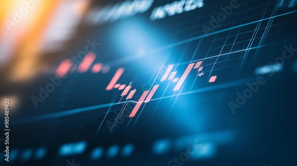 Obraz Close-up of downward-trending line graph on digital screen, symbolizing drop in earnings, financial decline visualized with charts and numbers.	