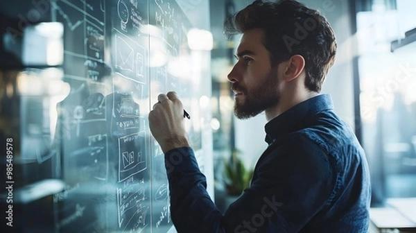 Fototapeta Entrepreneur Sketching Business Plan on Glass Board in Minimalist Loft Office for Creative Workspace