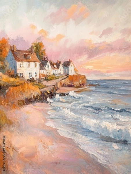 Fototapeta A quaint seaside village, soft pink and orange skies at dusk, waves gently crashing against the shore, painted with light strokes