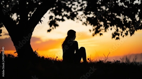 Fototapeta A serene silhouette of a woman sitting under a tree at sunset, capturing a moment of tranquility and reflection in nature.