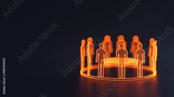 Fototapeta Glowing Silhouettes in a Circle Representing Team Collaboration and Collective Decision-Making
