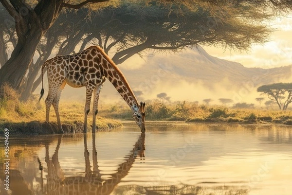Obraz A giraffe drinks from a waterhole