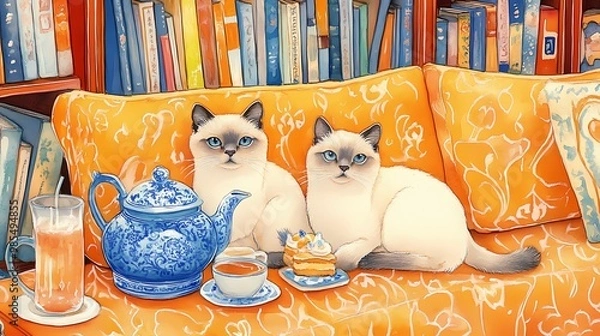 Fototapeta A watercolor of two Siamese cats on an orange-yellow patterned sofa, with a blue Chinese teapot, cakes, lemonade, and a colorful bookshelf in the background.