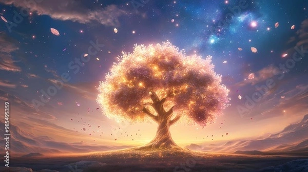 Obraz A glowing tree with multicolored leaves floating in a starry sky, symbolizing the limitless imagination
