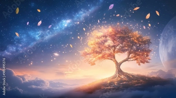 Fototapeta A glowing tree with multicolored leaves floating in a starry sky, symbolizing the limitless imagination