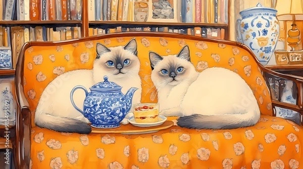 Fototapeta A watercolor of two Siamese cats on an orange-yellow patterned sofa, with a blue Chinese teapot, cakes, lemonade, and a colorful bookshelf in the background.