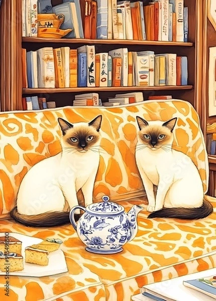Fototapeta A watercolor of two Siamese cats on an orange-yellow patterned sofa, with a blue Chinese teapot, cakes, lemonade, and a colorful bookshelf in the background.