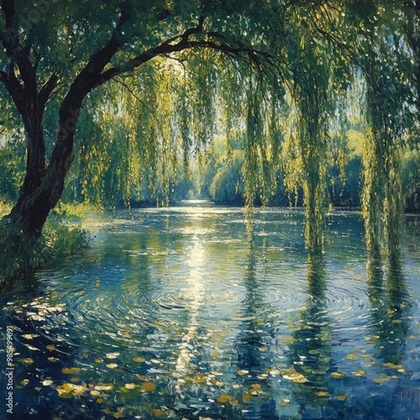 Obraz Tranquil Willow Weeping Over Serene Waters