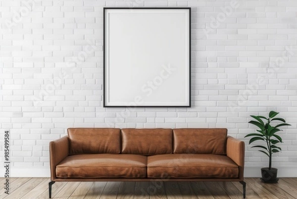 Fototapeta A modern interior featuring a brown leather sofa, a blank framed picture, and a potted plant against a textured white wall.