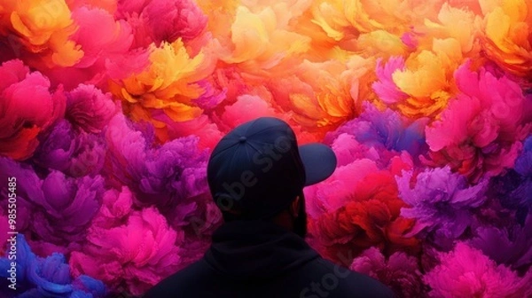 Fototapeta A person gazes at a vibrant floral mural, embracing the explosion of colors and artistic expression in a captivating backdrop.