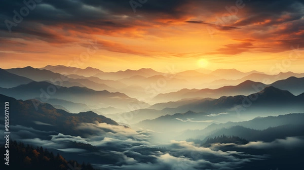 Fototapeta Scenic background with a blurred image of a beautiful mountain landscape, featuring soft light rays and natural colors, providing a serene and inspiring atmosphere for nature-related presentations
