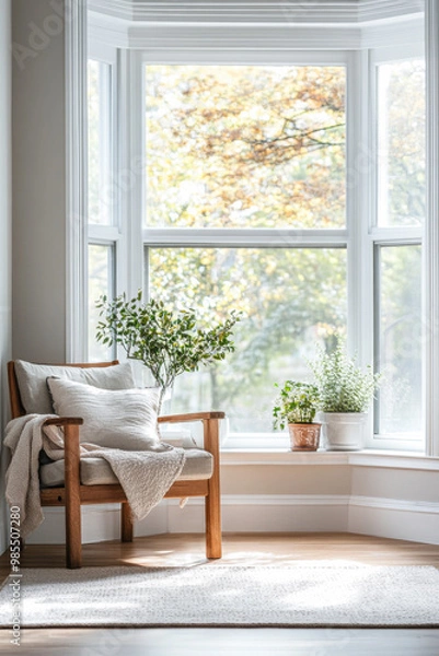 Fototapeta Cozy reading nook with plants by large windows in a sunlit room during autumn in a modern home