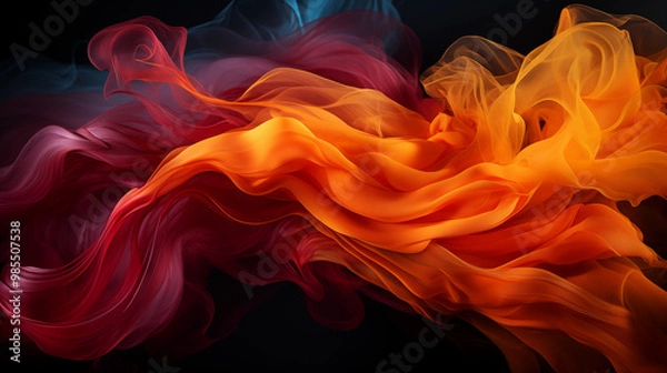 Fototapeta Fiery smoke in vivid red, orange, and yellow tones, swirling dynamically with intense energy, giving a sense of heat and movement, set against a deep black background