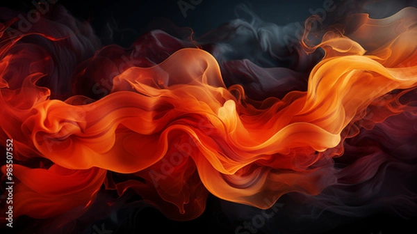 Fototapeta Fiery smoke in vivid red, orange, and yellow tones, swirling dynamically with intense energy, giving a sense of heat and movement, set against a deep black background