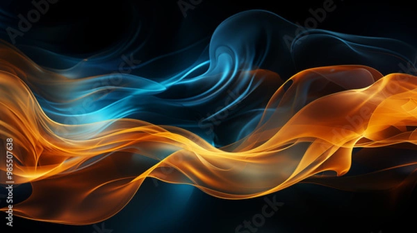 Fototapeta Deep blue and gold smoke wisps merging together, creating a striking contrast of cool and warm tones, with abstract forms and flowing lines, perfect for a dramatic and elegant background
