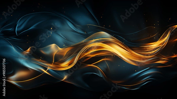Fototapeta Deep blue and gold smoke wisps merging together, creating a striking contrast of cool and warm tones, with abstract forms and flowing lines, perfect for a dramatic and elegant background 