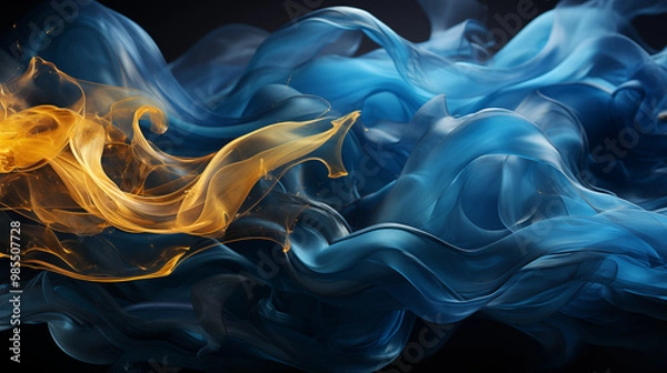Fototapeta Deep blue and gold smoke wisps merging together, creating a striking contrast of cool and warm tones, with abstract forms and flowing lines, perfect for a dramatic and elegant background 