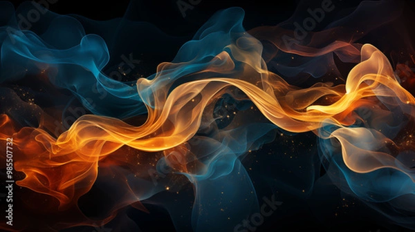 Fototapeta Deep blue and gold smoke wisps merging together, creating a striking contrast of cool and warm tones, with abstract forms and flowing lines, perfect for a dramatic and elegant background