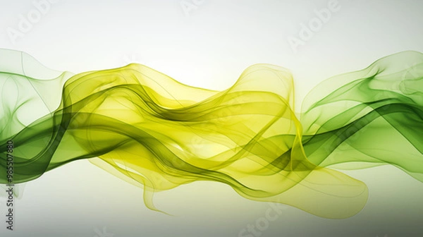 Fototapeta Bright green and yellow smoke tendrils intertwining and swirling, forming dynamic shapes and patterns, evoking a fresh and vibrant energy, set against a clean white background