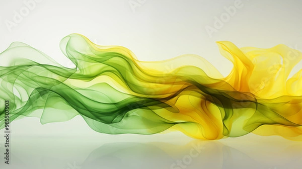 Fototapeta Bright green and yellow smoke tendrils intertwining and swirling, forming dynamic shapes and patterns, evoking a fresh and vibrant energy, set against a clean white background