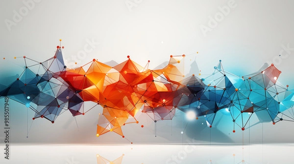 Fototapeta Abstract geometric background with interconnected shapes and lines in vibrant colors, set against a light grey backdrop, giving a modern and dynamic look for creative presentations
