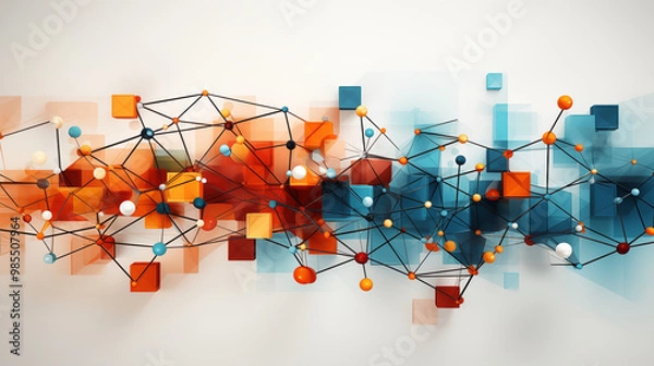 Fototapeta Abstract geometric background with interconnected shapes and lines in vibrant colors, set against a light grey backdrop, giving a modern and dynamic look for creative presentations