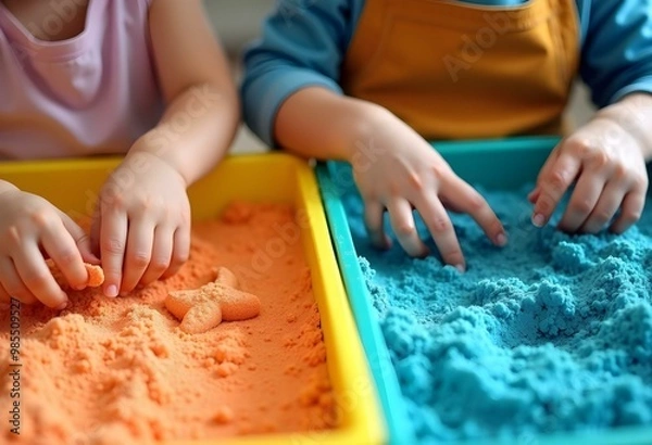 Obraz Kids playing with kinetic sand in a sensory activity