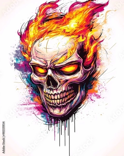 Fototapeta Punk-inspired skull illustration with hollow eyes and nose cavities emitting an intense orange glow, set against a plain white background.
