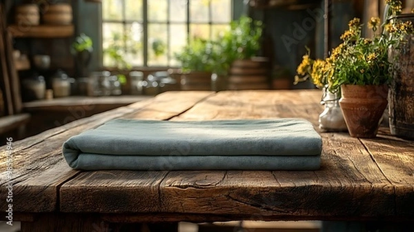 Fototapeta A folded blue cloth rests on a rustic wooden table with a plant in a pot in the background.