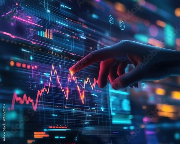 Fototapeta A hologram is touching a growth graph chart on a virtual screen, depicting a business plan, financial market, and stock prices going up