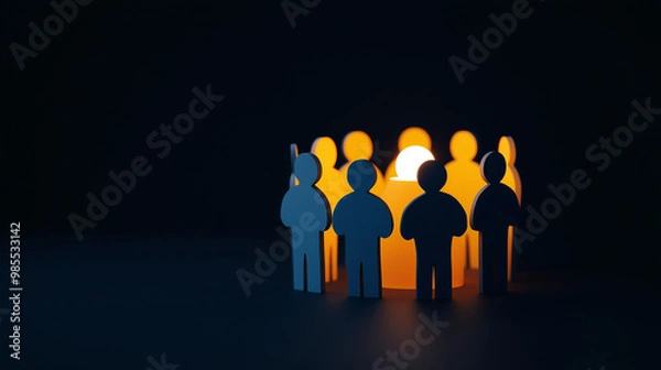 Fototapeta Paper Cutout Figures in Circle Around Glowing Light Symbolizing Community and Unity
