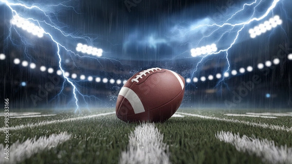 Fototapeta American football on the field during a stormy night with lightning in the background. A dramatic setting for the intense sport.