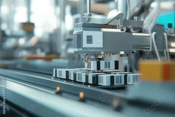Fototapeta A visual of a labeling machine applying labels to products on a production line
