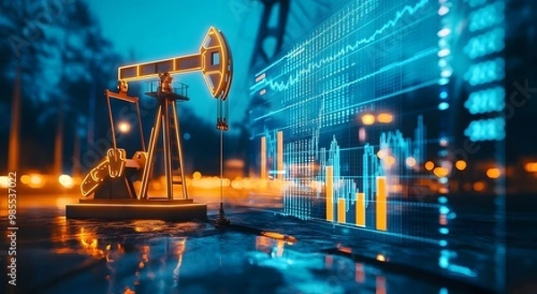 Fototapeta Saudi economic development, quality of oil extraction tools and equipment, sale and export of underground resources, oil and gas exploration machines, electronic screen with symbols and statistical.