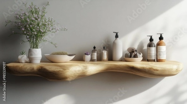 Obraz A wooden shelf displaying various skincare products and decor.