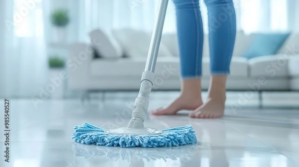 Fototapeta A person using a mop to clean the floor, with a bright white living room in the background, emphasizing the cleanliness and tidiness 