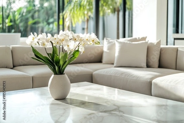 Obraz Copy space on a neutral marble table in a modern bight living room with a large comfy couch. with generative ai