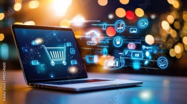 Fototapeta A Black Friday background with digital-themed icons, like a laptop, smartphone, and tablet, overlaid with flashing sale signs and tech-based imagery.