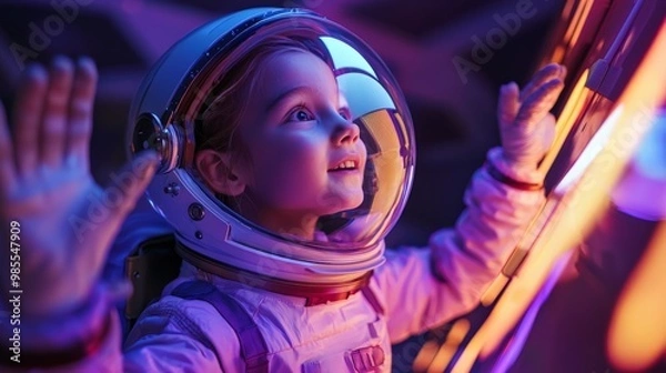 Fototapeta A child pretending to lead a tour on a pretend space vacation, describing the wonders of zero gravity,