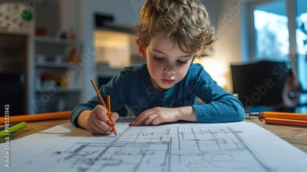 Fototapeta A child pretending to be an architect, drawing blueprints on a large piece of paper,