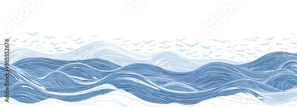 Obraz Blue line art ocean waves pattern, a simple vector illustration with a white background