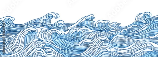 Obraz Blue line art ocean waves pattern, a simple vector illustration with a white background
