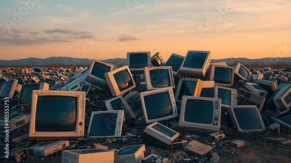 Fototapeta A sunset illuminates a pile of old, discarded computer monitors, showcasing the issue of e-waste and technological obsolescence in a striking landscape.