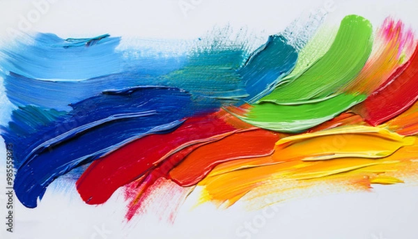 Fototapeta Vibrant paint strokes in blue, red, yellow, and green on a pristine white canvas