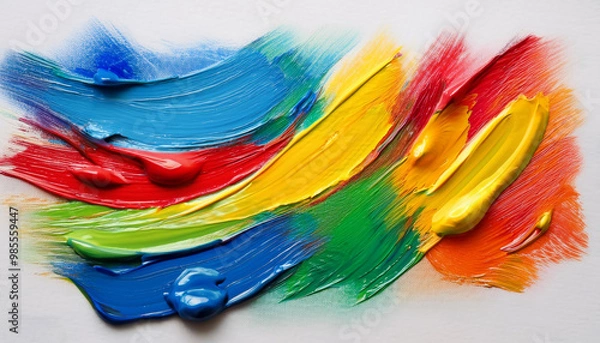 Fototapeta Vibrant paint strokes in blue, red, yellow, and green on a pristine white canvas