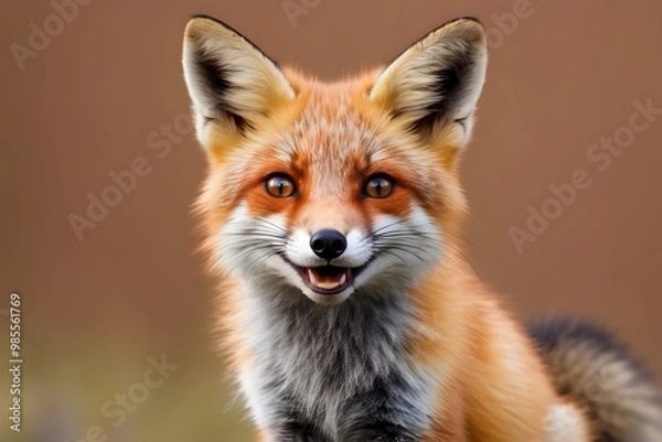 Fototapeta Smiling Fox: A cute, bushy-tailed fox with a bright smile and sparkling eyes