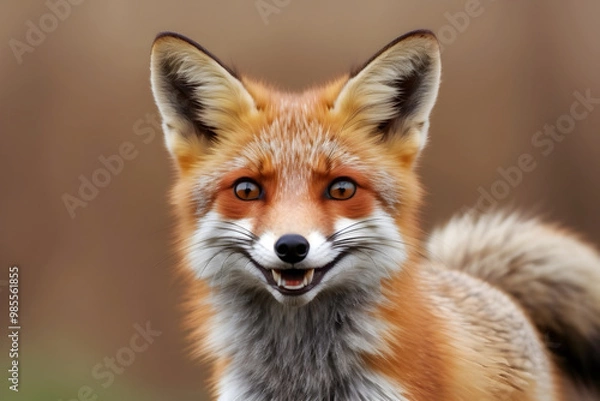 Fototapeta Smiling Fox: A cute, bushy-tailed fox with a bright smile and sparkling eyes