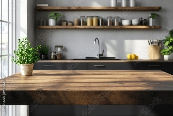 Fototapeta Empty top table for product or food montage with modern kitchen room background with generative ai